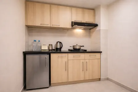 Fully equipped kitchen access at our managed PG residency in Chandivali